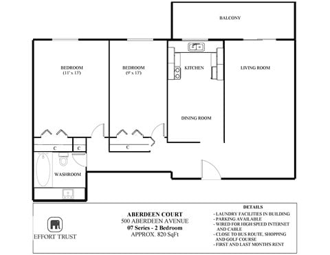 Floor plan for 2 beds, 1 bath